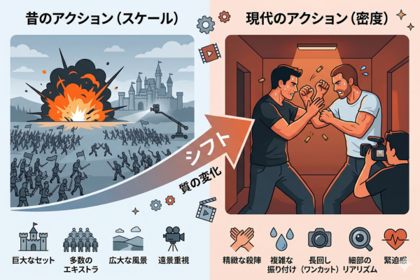 映画のアクションの質がスケールから密度へのシフトしたというイメージ図解画像