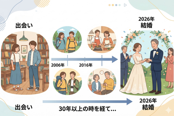 出会いから実に30年以上の時間をかけ結婚したイメージ図解画像
