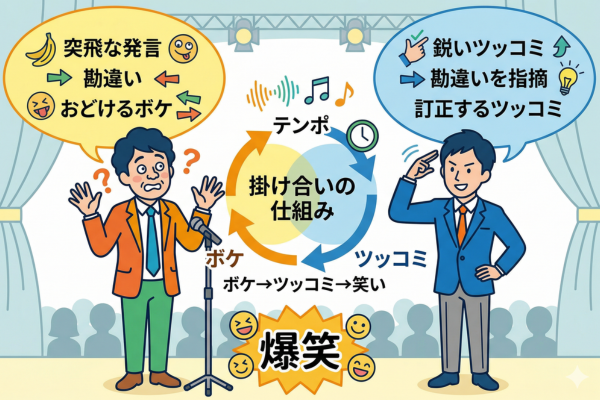 軽妙なお笑いコンビの掛け合いのイメージ図解画像