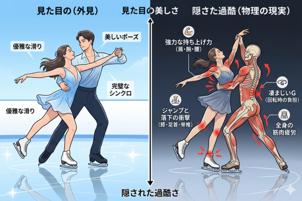 ペアスケートという競技は、見た目の優雅さとは裏腹に、身体への負担が凄まじいというイメージ図解画像