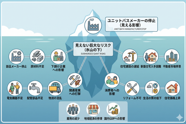 ユニットバスの停止はあくまで氷山の一角で、影響はもっと身近なところにまで広がる可能性があるというイメージ図解画像