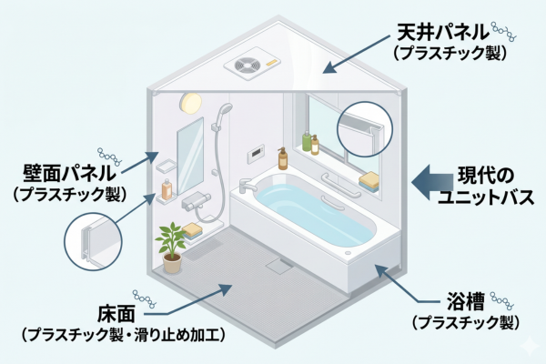 現代のユニットバスって壁・床・天井・浴槽のほとんどがプラスチック（樹脂）でできているというイメージ図解画像
