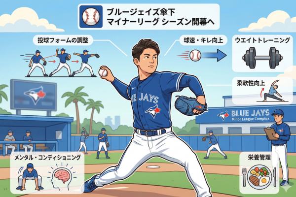 ブルージェイズ傘下のマイナーリーグでのシーズンインに向けた準備をする日本人投手のイメージ図解画像
