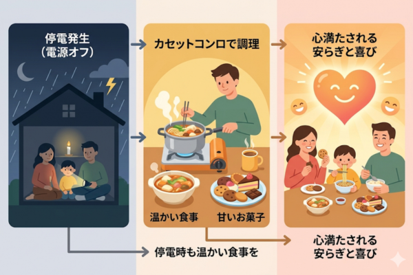 停電時にも温かい食事を作れるカセットコンロと甘いお菓子で心を満たすというイメージ図解画像