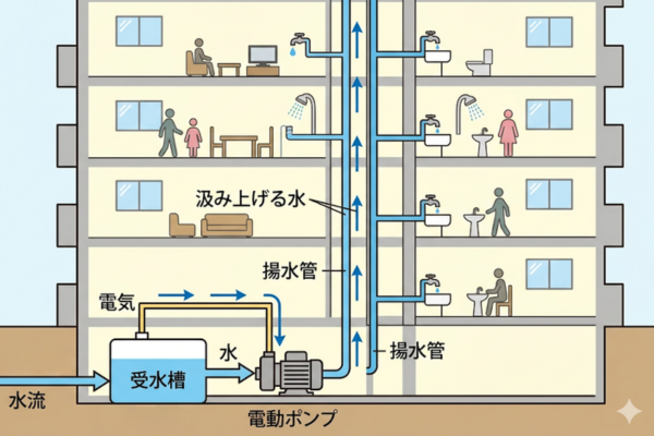 マンションの上層階に電気で水を汲み上げるポンプのイメージ図解画像