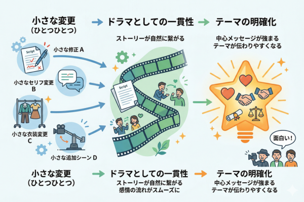 小さな変更ひとつひとつが、ドラマとしての一貫性とテーマの明確化に寄与しているのが面白いところというイメージ図解画像