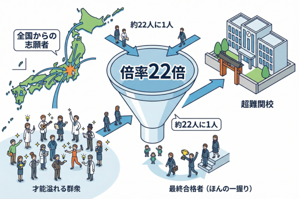 倍率22倍の全国から集まる才能の中からほんの一握りしか合格できない超難関校というイメージ図解画像