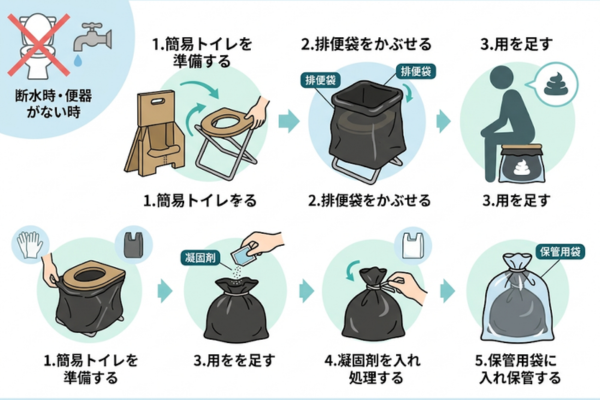 便器がない環境に備える防災トイレのイメージ図解画像