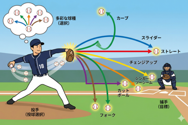何種類もの変化球を投げ分けられる投手というイメージ図解画像