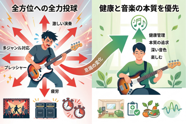 全方位で全力投球のベースの演奏スタイルから、健康と音楽の本質を優先する方向へ変化したというイメージ図解画像