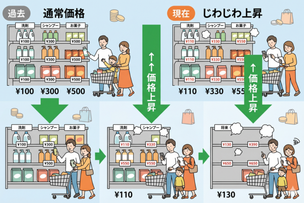 スーパーやドラッグストアの棚に並ぶ商品の価格がじわじわ上がっていく展開のイメージ図解画像