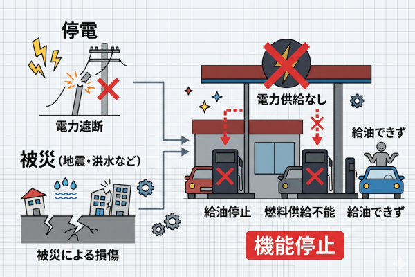 ガソリンスタンド自体が停電・被災で動けなくなる事態のイメージ図解画像