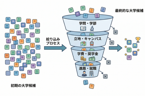 いくつかの条件から進学先の大学候補を絞り込むイメージ図解画像