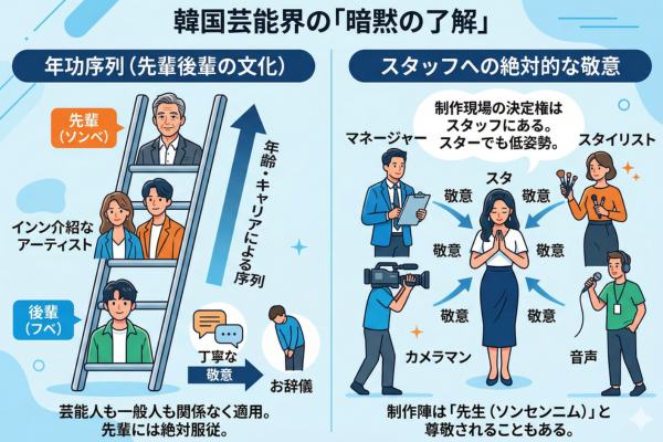 韓国の芸能界には「年功序列」と「スタッフへの絶対的な敬意」が暗黙の了解として存在するというイメージ図解画像
