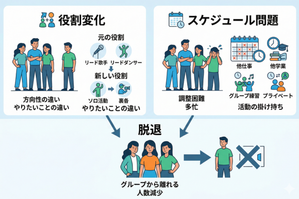 グループ内の役割変化やスケジュール問題で脱退したというイメージ図解画像