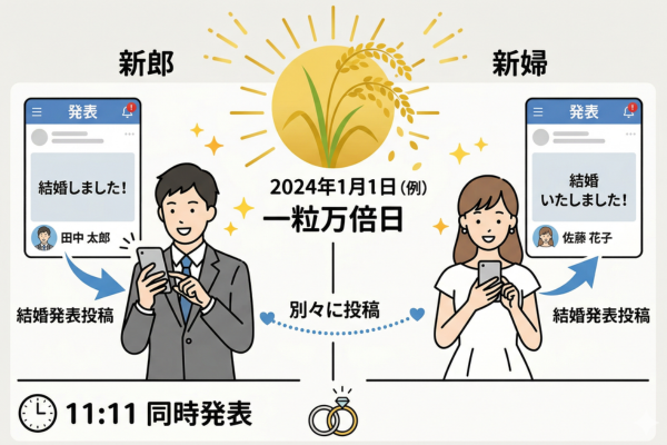 一粒万倍日にカップルが結婚を別々に同時発表したというイメージ図解画像