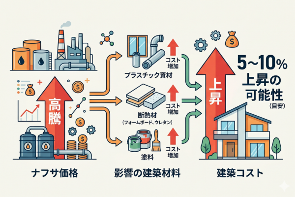 ナフサ高騰によって建築コストが5〜10％上昇する可能性があるというイメージ図解画像