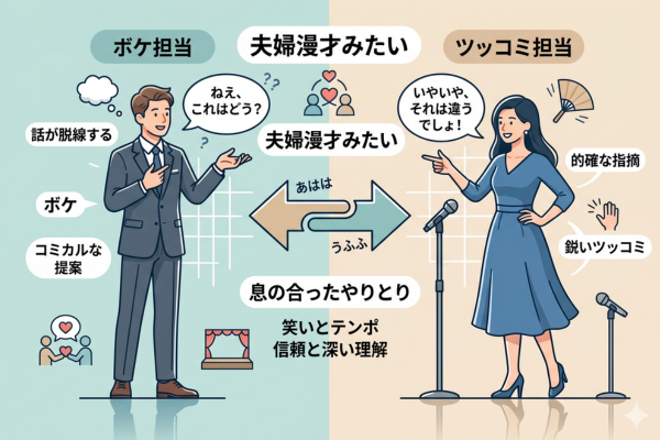 2人の息の合ったやりとりがまるで夫婦漫才みたいだというイメージ図解画像