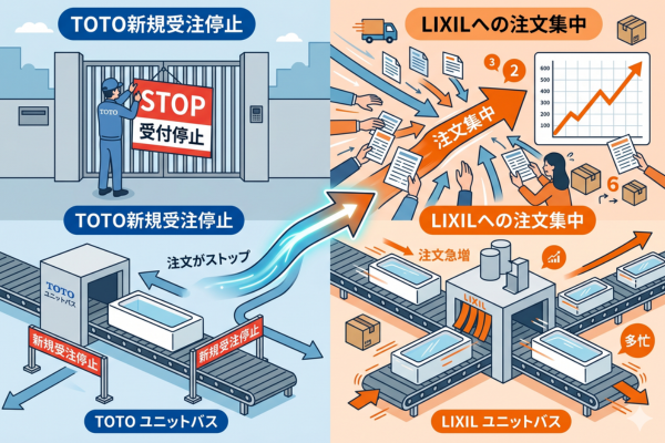 TOTOのユニットバス新規受注停止後にはLIXIL側にも注文が集中したというのイメージ図解画像