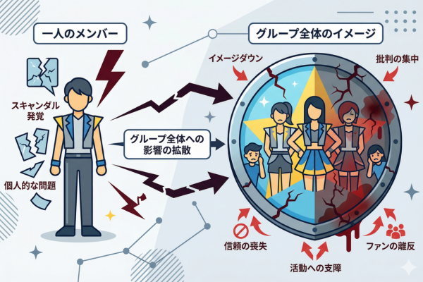 メンバーの一人のスキャンダルがグループ全体のイメージを直撃するリスクのイメージ図解画像