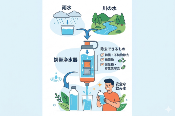 携帯浄水器があれば、雨水や川の水から飲み水を確保できるというイメージ図解画像