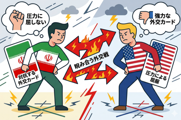 イランとアメリカが外交カードを握りしめて相手を睨みつけているような状態というイメージ図解画像
