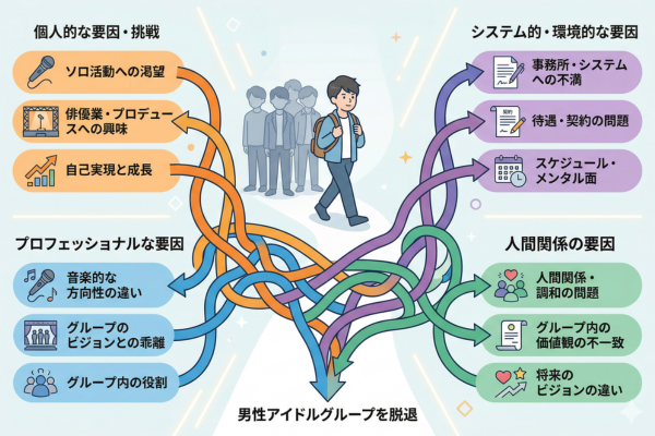 複数の要因が絡み合った結果が男性アイドルグループの脱退というイメージ図解画像