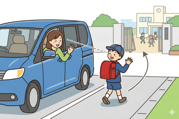車から児童を見送っているしているイメージ図解画像