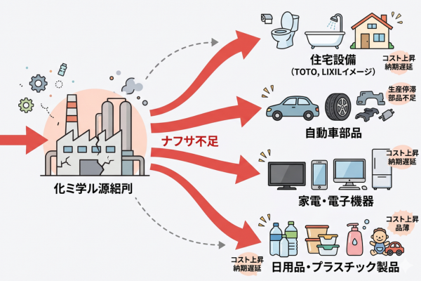 ナフサ不足がTOTOやLIXILといった住宅設備メーカーだけにとどまる話ではない、というイメージ図解画像