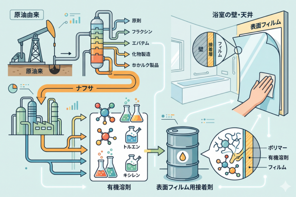 浴室の壁や天井に貼られている表面フィルムの接着剤に含まれる有機溶剤が、主にナフサ由来というのイメージ図解画像