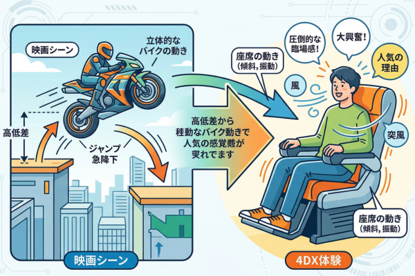 高低差を活かした立体的なバイクの動きが4DX上映で特に人気を集めているというイメージ図解画像