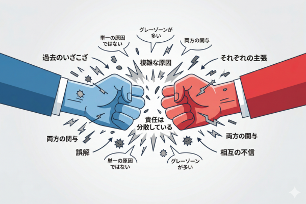 国際政治では、どちらか一方だけが100%悪いなんてことは少ないというイメージ図解画像