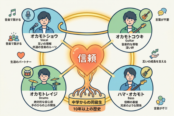 OKAMOTO'S の4人の間に深い信頼関係があるというイメージ図解画像