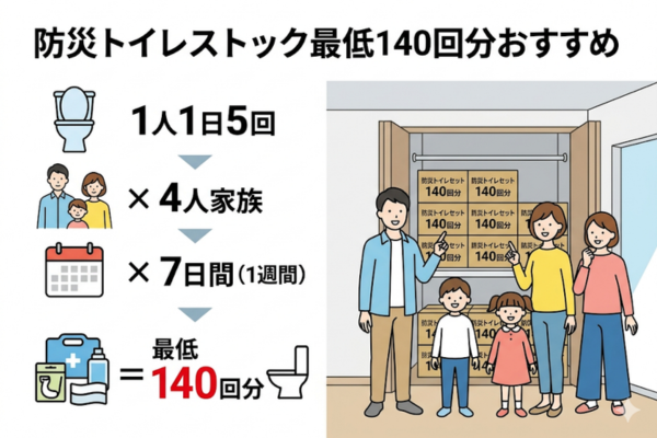 4人家族であれば最低140回分以上の防災トイレを確保することが理想のイメージ図解画像