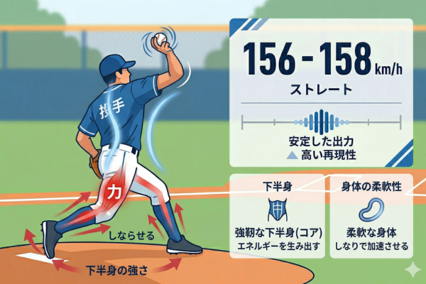 下半身の強さと体の柔らかさを武器に、全身をしならせるようにして投げている投手のイメージ図解画像