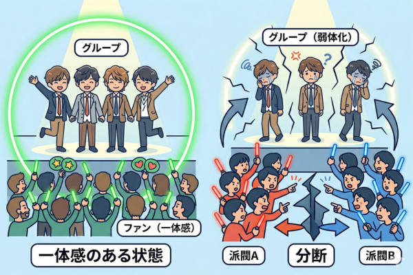 ファンの分断自体がグループの一体感を損なう要因というイメージ図解画像