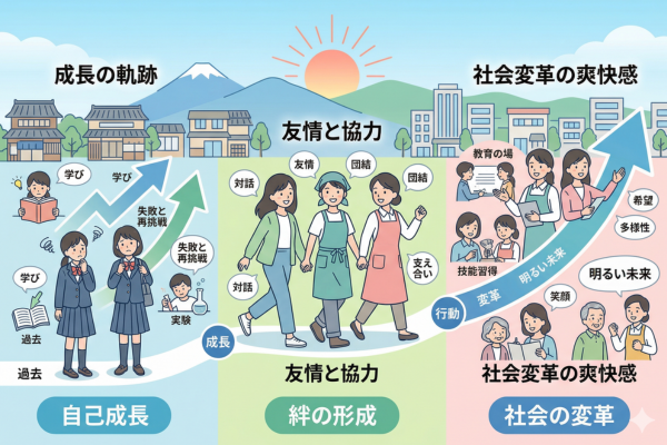 友情と成長と社会変革の爽快感を味わえる朝ドラマというイメージ図解画像