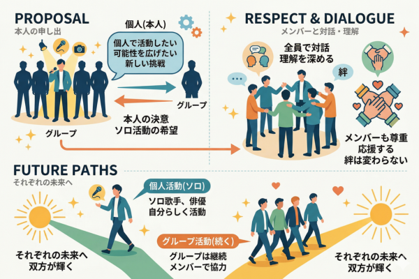 本人から個人で活動したいとの申し出があり、メンバーも尊重したという男性アイドルのイメージ図解画像