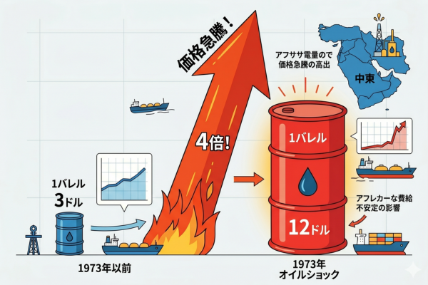 1973年オイルショックで原油価格1バレル3ドルから12ドルという急騰したイメージ図解画像