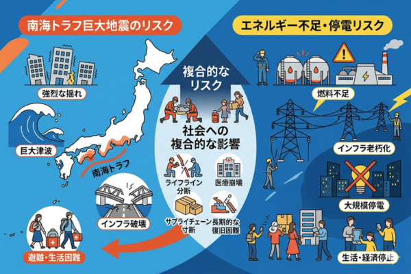 南海トラフ巨大地震のリスクとエネルギー不足による停電リスクのイメージ図解画像