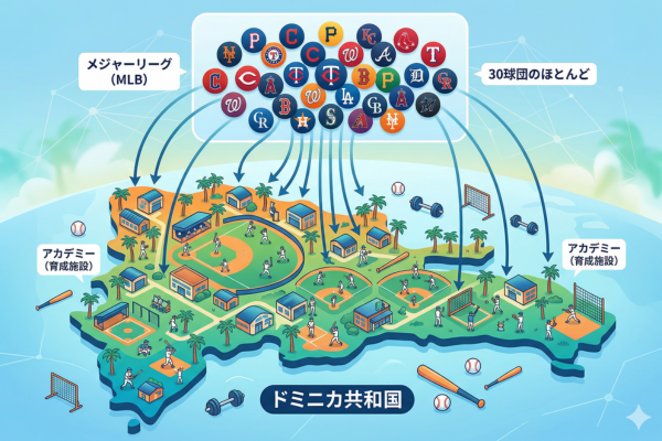 メジャーリーグ30球団のほとんどがアカデミーを構えているドミニカ共和国のイメージ図解画像