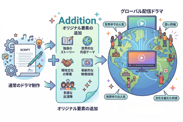 ドラマのグローバル配信だとオリジナル要素が必要になるというイメージ図解画像