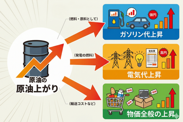 原油の値上がりがガソリン代、電気代、そして物価全体への直撃というイメージ図解画像
