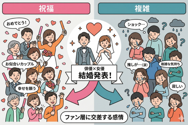 俳優と女優の結婚報告に祝福と複雑さが交差するファンのイメージ図解画像