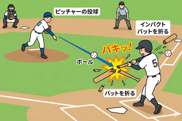 野球でピッチャーの投げたボールが打者のバットを折るというイメージ図解画像