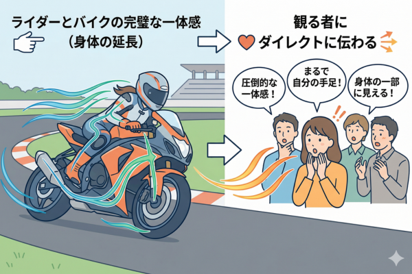 バイクをまるで自分の身体の延長のように操る一体感、それが観る者にダイレクトに伝わってくるというイメージ図解画像