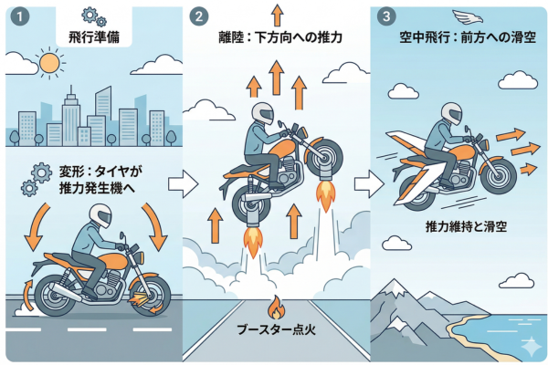 バイクで空を飛ぶというイメージ図解画像