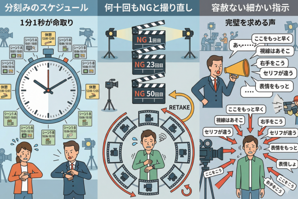 スケジュールは分刻み、何十回もNGを出しながらの撮り直し、細かい指示が容赦なく飛んでくるというイメージ図解画像
