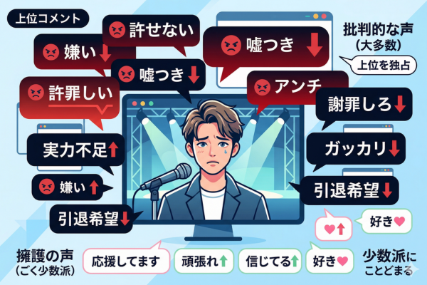 男性アイドルに対して辛辣なコメントが上位を独占し、擁護の声はごく少数派にとどまっている状況というイメージ図解画像