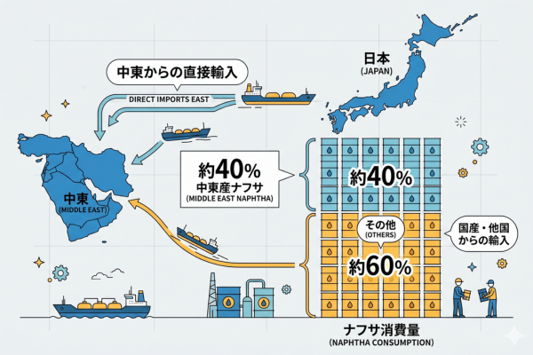 ナフサの日本の消費量のうち約40％を中東からの直接輸入しているというイメージ図解画像